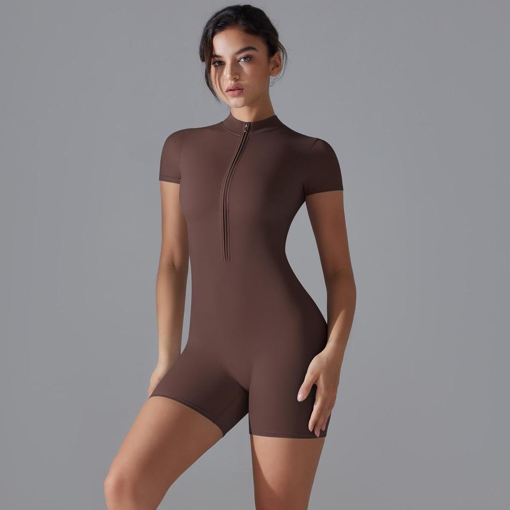 Nude Feel Stand-Up Collar One-Piece Yoga Bodysuit with Half-Zip & Short Sleeves