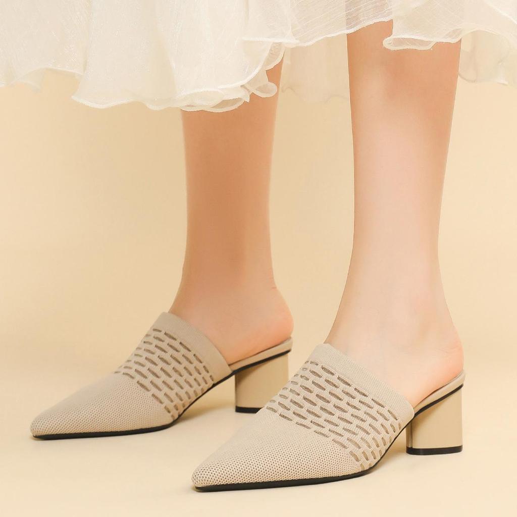 Dámské Velké Velikosti Jarní Špičaté Špičky Tlustý Vysoký Podpatek Pantofle Boty Ležérní Prodyšné Jednobarevné Pletené Sandály Boty 34-43