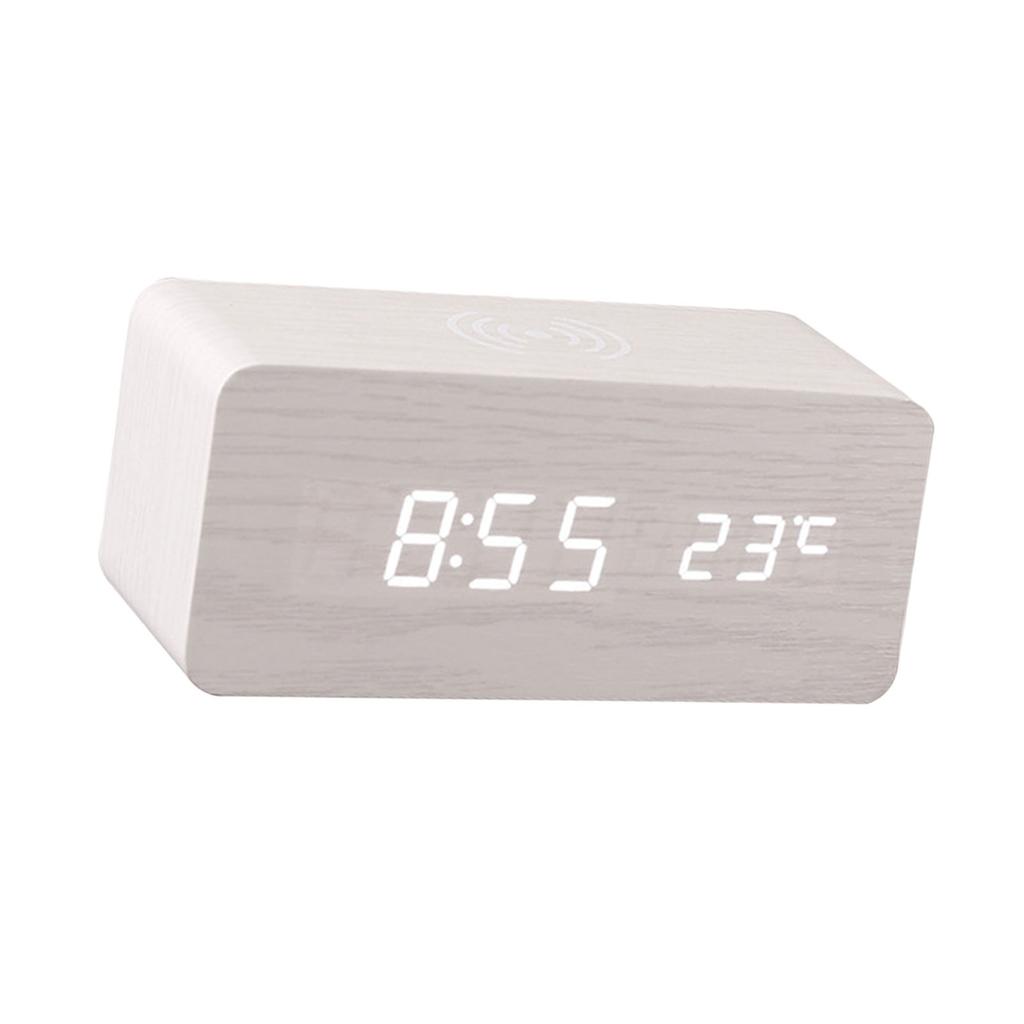 Digital Wooden Alarm Clock Electronic LED Time Display for Bedroom 10W Wireless Charging 3 Alarm Settings Date&Temp