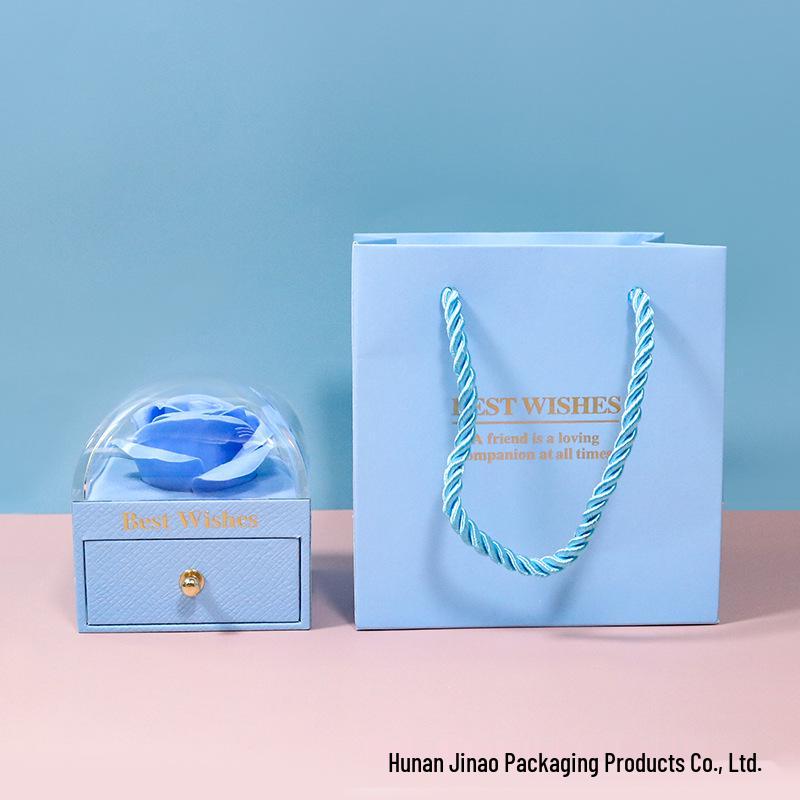 Macaron Color Jewelry Box with Soap Flower and Drawer - Holds Rings, Stud Earrings, and Necklace Pendants.