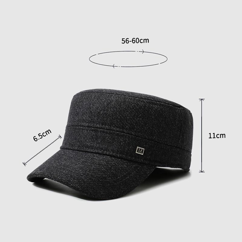 Mens Winter Warm Wool Blend Flat Top Cap with Ear Flaps Outdoor Cold Weather Hat
