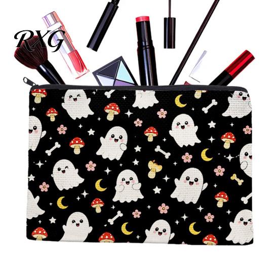 Washable Canvas Pencil Case Cosmetic Bag, Halloween Pattern Print Makeup Student Stationery Pouch Zipper Pouch, for Change Data Cable Storage