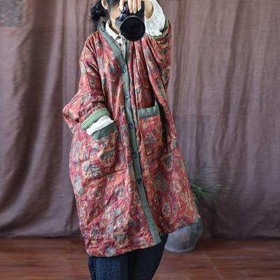 Women Vintage Print Floral Long Parkas V-Neck Button Loose Warm Coat 2021 Winter New Linen Women Clothes Pocket Parkas