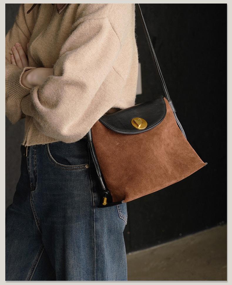 Women's Genuine Leather Suede Patchwork Crossbody Bag - Casual, Fashionable, Versatile Shoulder Bag