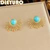 DIEYURO 316L Stainless Steel Gold Plated Turquoise Sunburst Stud Earrings for Women Bohemian Sun Firework Earrings Jewelry