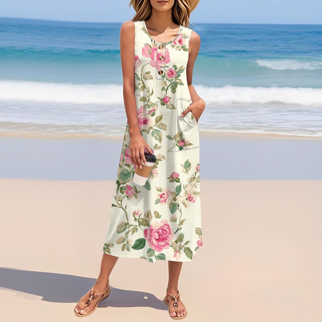Women's Summer Vintage Floral Patchwork Print Dress Sleeveless Button Down Casual Loose Long Beach Sundress