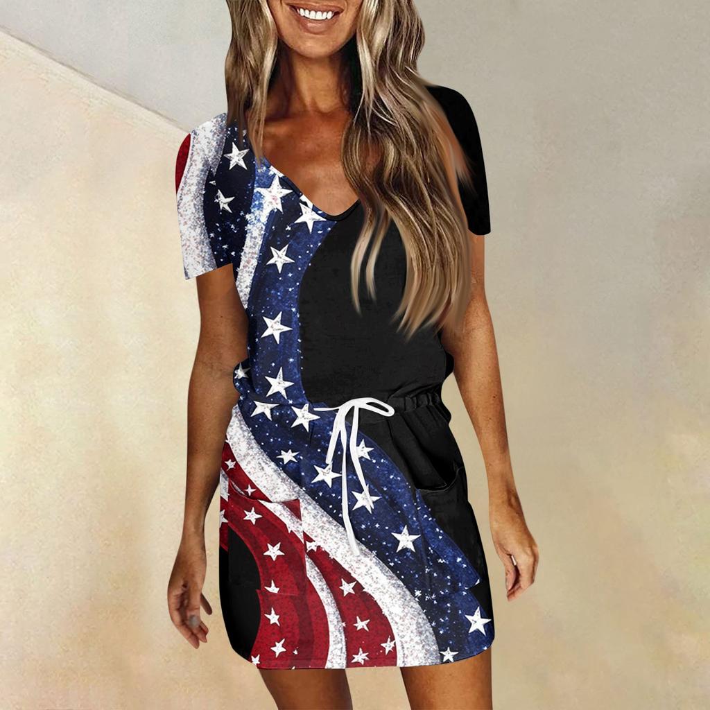 Women's Fashion Summer Independence Day Printed Short Sleeve Pocket V-Neck Dress