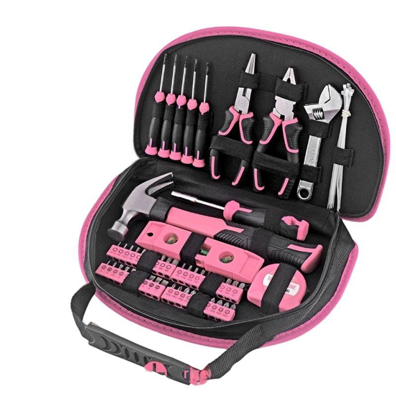 Pink Women' S 63-Piece Tool Set Wrenches, Screwdrivers& Home Repair Tools In Portable Case, Non-Slip Gri