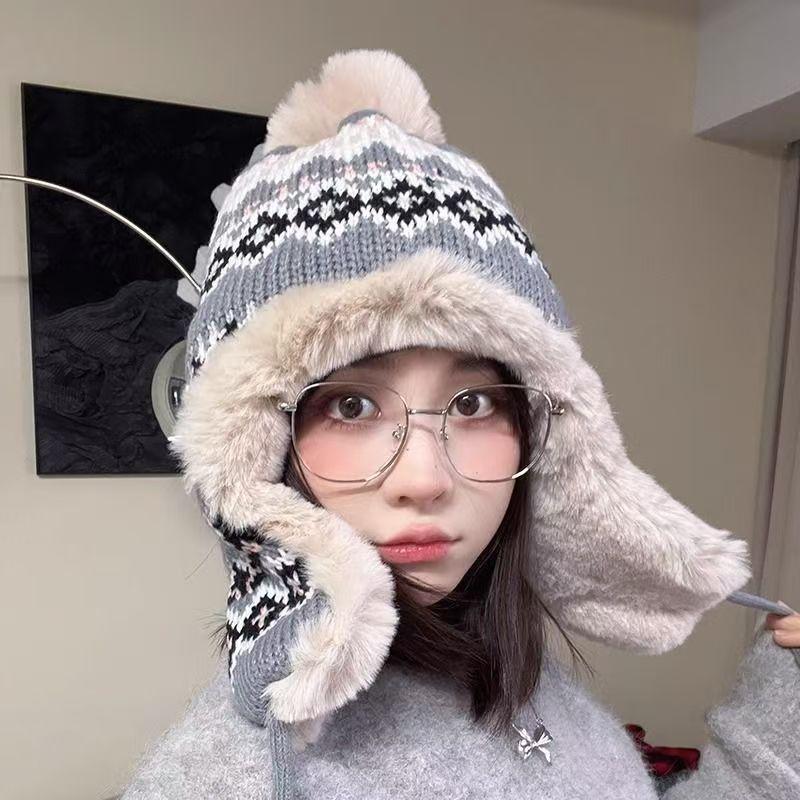 Cute Plush Hat Women's Winter Plush Knitted Wool Hat, Ear Protector, Warm, Fluffy Northeast Cold-proof Lei Feng Hat
