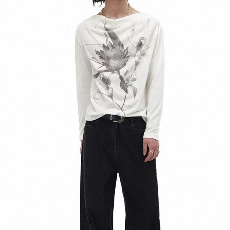 Casual Floral Print Long Sleeve T-Shirt Loose Fit Slash Neck Top Men Women