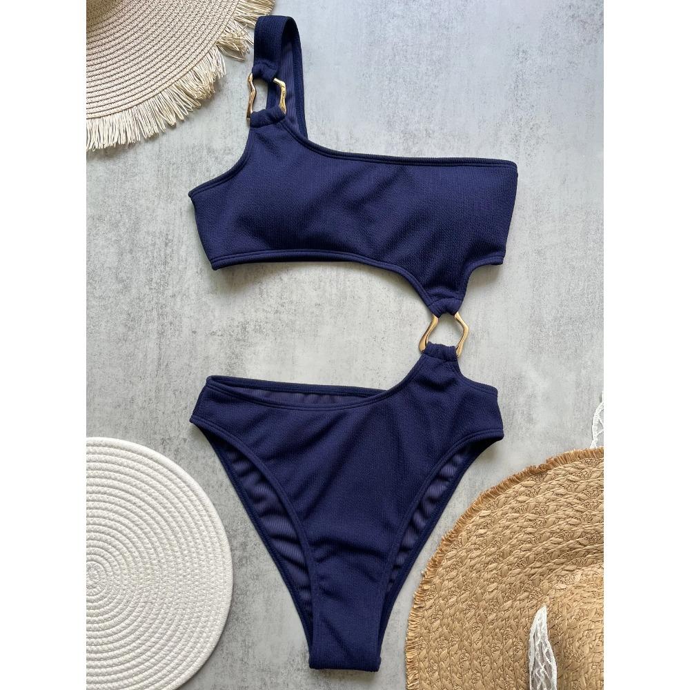 Women's One Piece Swimsuit Ring Cut Out Front High Cut Cheeky Bathing Suit Monokini Swimwear One Shoulder Ribbed Monokini