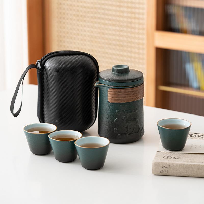 

Portable storage travel tea set, coarse pottery Japanese-style express cup, one pot of four cups, a complete set of anti-scalding teapot teacups