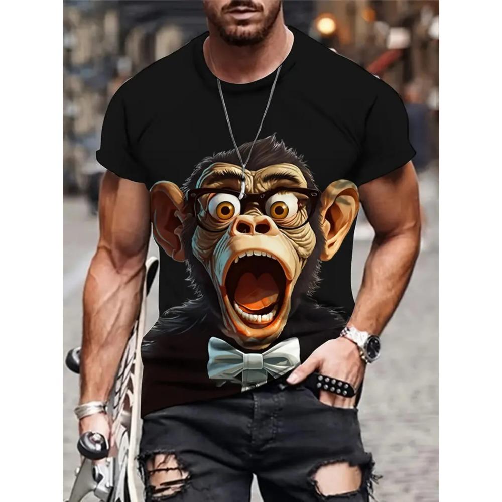 Summer Men Monkey Pattern T-Shirt Hip Pop Short Sleeve Fashion Comfortable Soft Large Size Round Neck T-Shirt