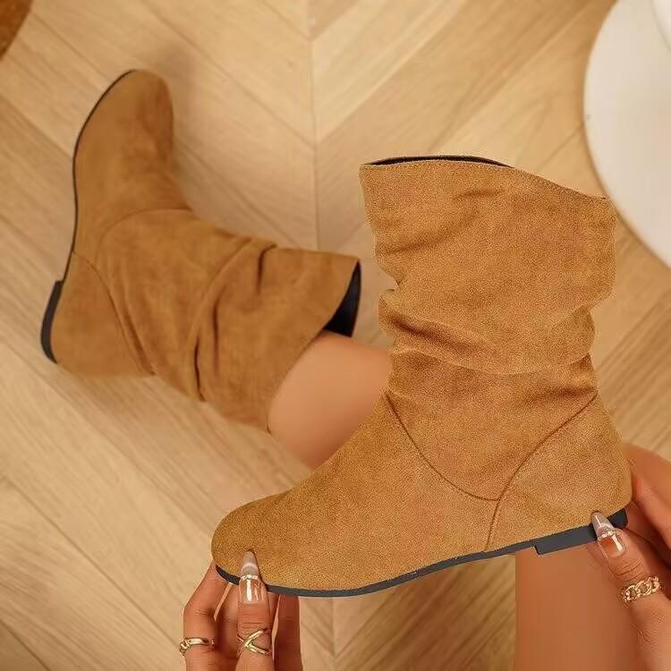 Pleated Pile Boots Winter New Suede Large Size Round Head Retro Medium Boots