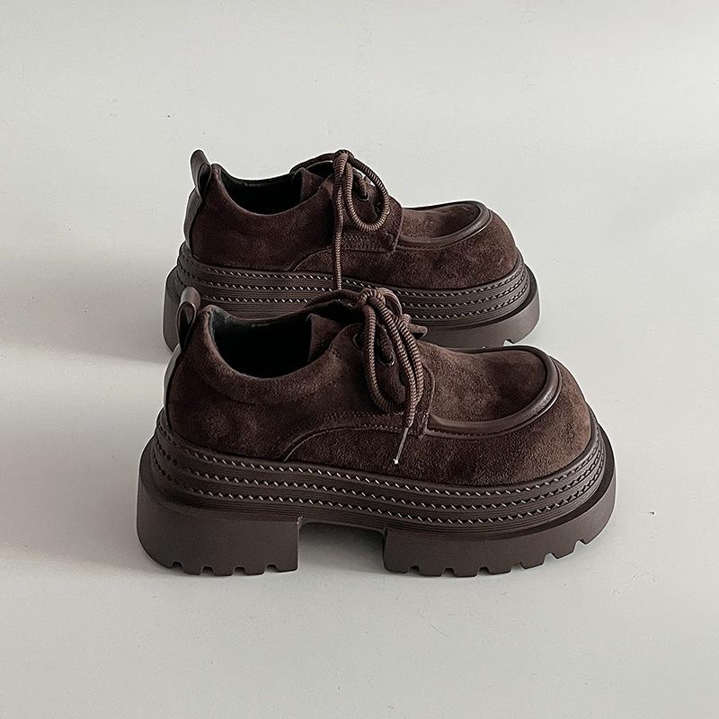 

Smoky gray versatile small leather shoes women s spring new suede temperament thick-soled round head lace-up 40