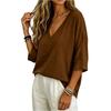 Women Loose Fit V Neck Cotton Linen Top Three Quarter Sleeve Casual Solid Blouse Lightweight Breathable Shirt for Daily Wear