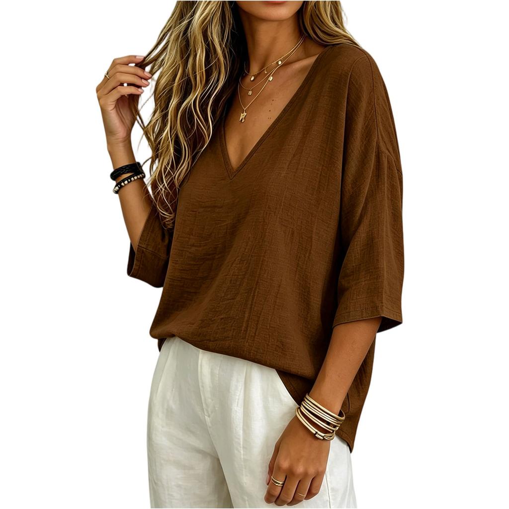Women Loose Fit V Neck Cotton Linen Top Three Quarter Sleeve Casual Solid Blouse Lightweight Breathable Shirt for Daily Wear