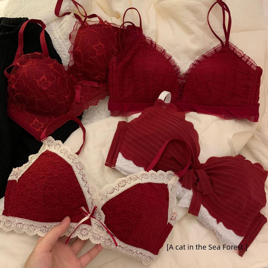 Women's Red Rabbit Year Lucky Sexy Wireless Bridal Bra Set - Gathered Bust