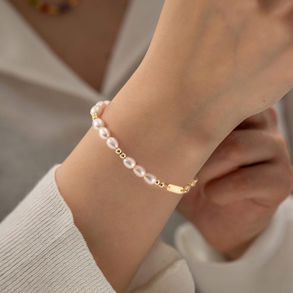Elegant Gold Beads with Cultured Freshwater Pearl Bead 925 Sterling Silver Bracelet Jewelry Factory