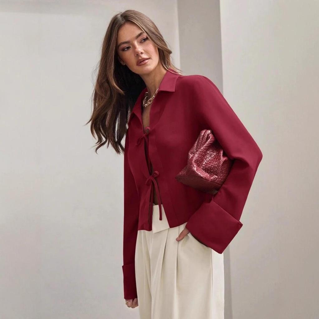 Women's 2025 Spring/Summer Long Sleeve Bow Tie-Up Cardigan Shirt