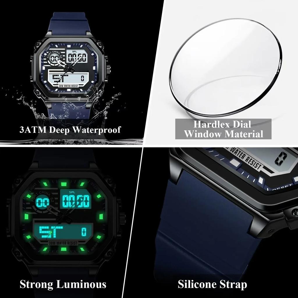 Sports Square Men Watch Waterproof LED Luminous Week Date  Wristwatch Silicone Strap Electronic Quartz Watches