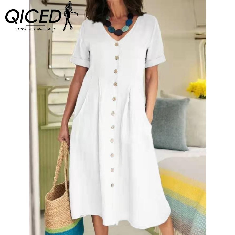 QICED Women Summer Casual Cotton V-Neck Short Sleeve Button Dress
