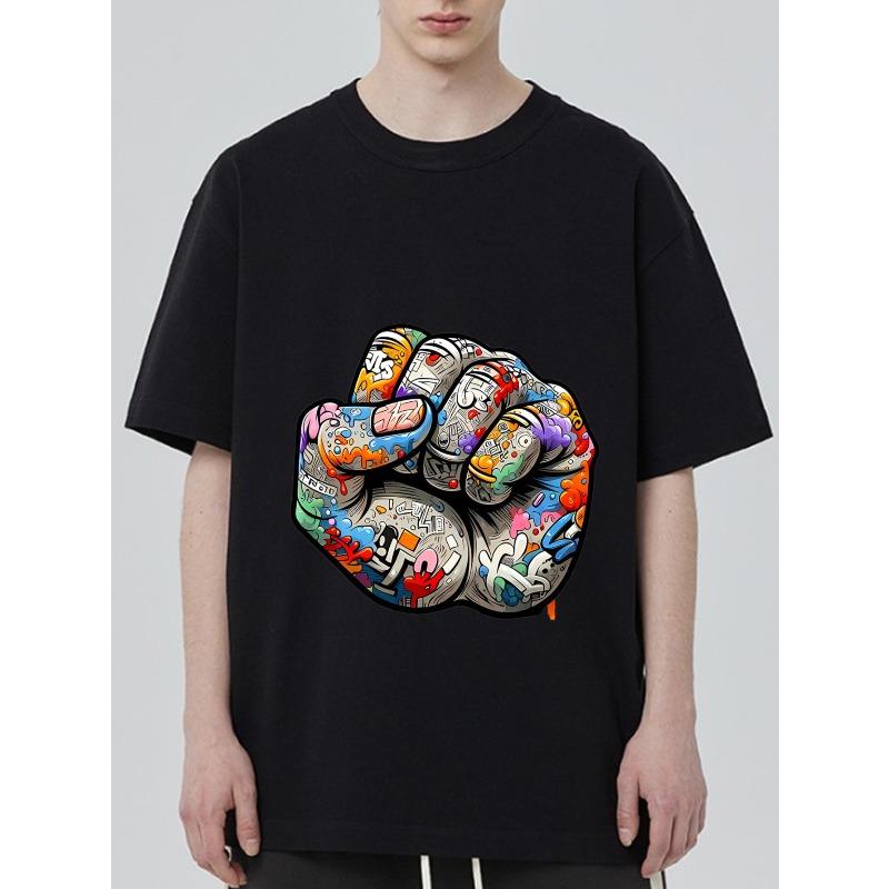 Black T Shirt with Colorful Graffiti Fist Print for Casual Wear