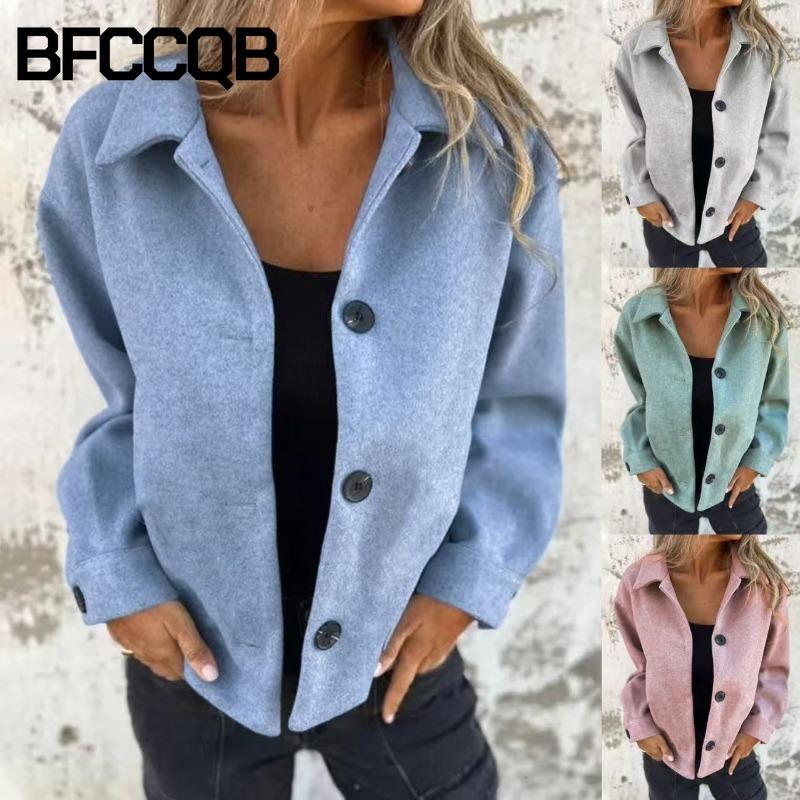 BFCCQB Jaquetas e casacos femininos vintage casual cor sólida estampa outono inverno manga comprida gola polo