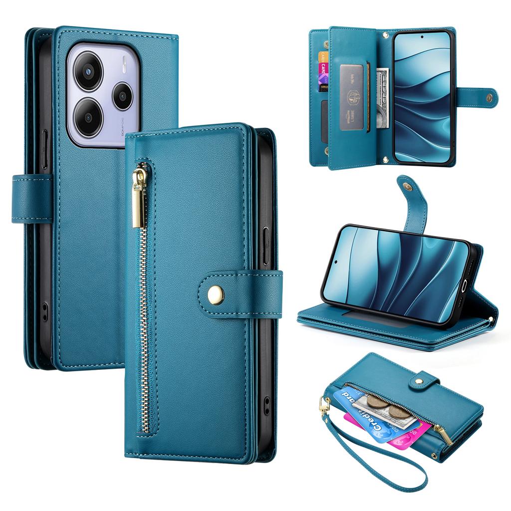 DF-011 For Xiaomi Redmi Note 14 4G (163.25x76.55x8.16mm) Case Zipper Pocket Wallet Leather Phone Cover with Straps