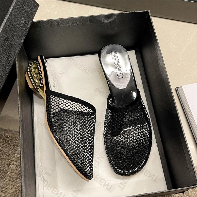 Fashion foreign trade bag head half drag women's high heel European and American style mesh slippers outer wear 2025 summer new large size sandals