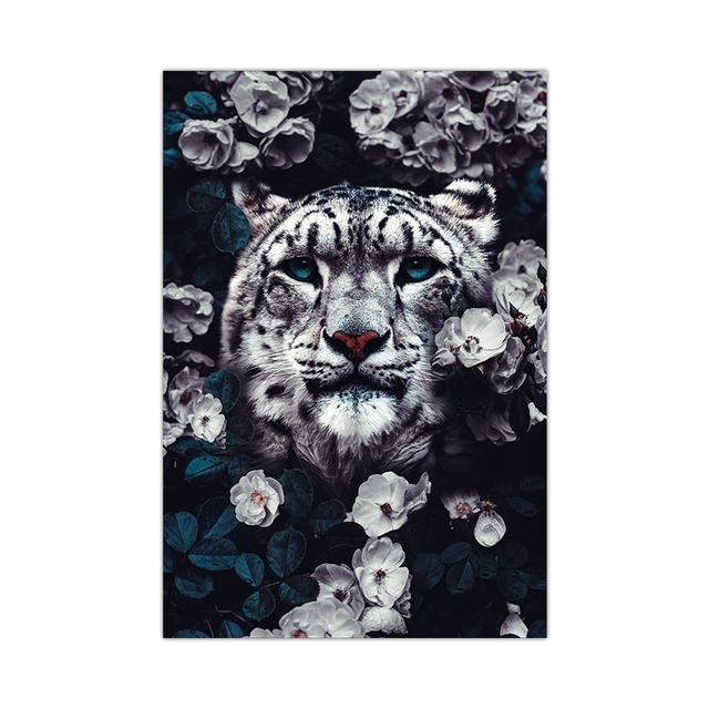 Flower with Animal Lion Tiger Deer Leopard Canvas Painting Wall Art Picture Nordic Print Poster for Living Room Home Decor No Frame