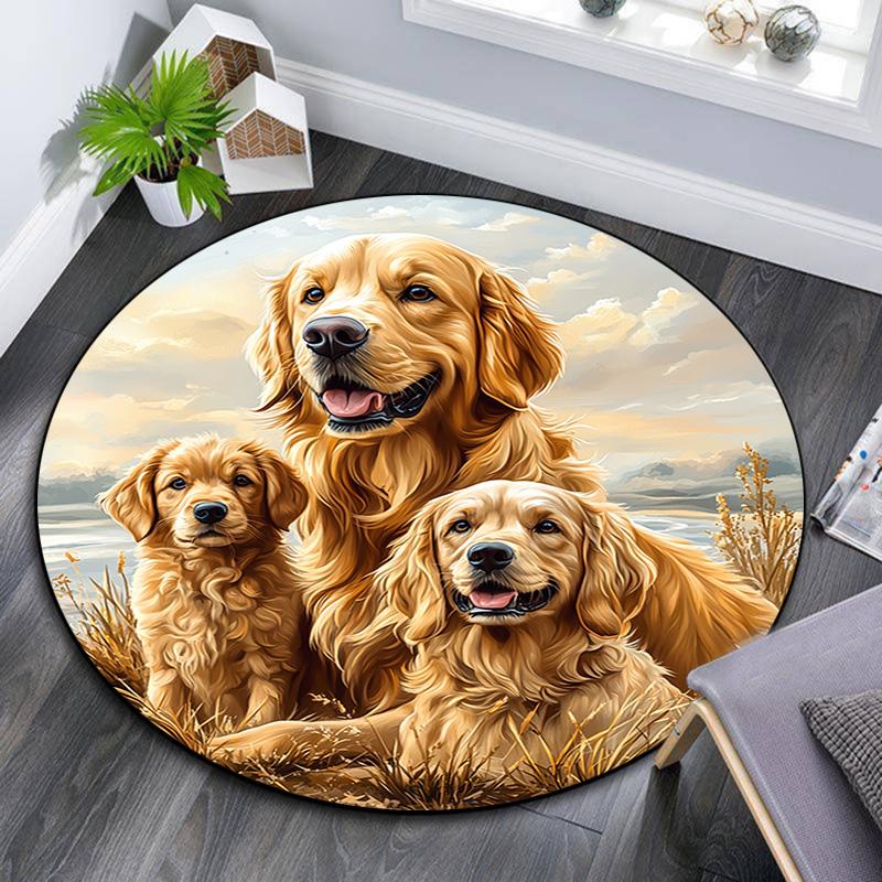 Golden Retriever Round Area Rug,Carpet Rug for Living Room Bedroom Sofa Playroom Decor,Non-slip Floor Mat
