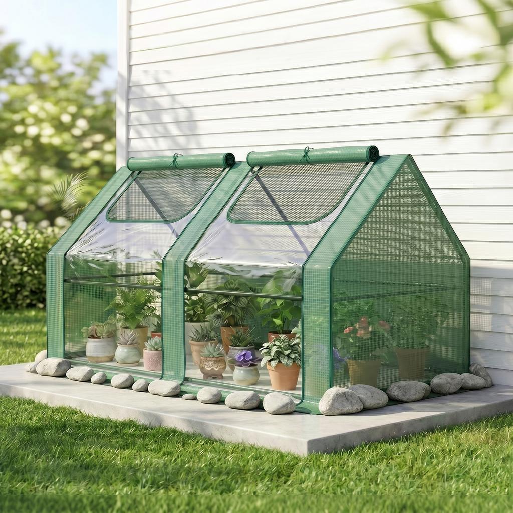 Outdoor Greenhouse, Double Cover, Windows, Steel Frame, 180 x 90 x 90 cm, Green