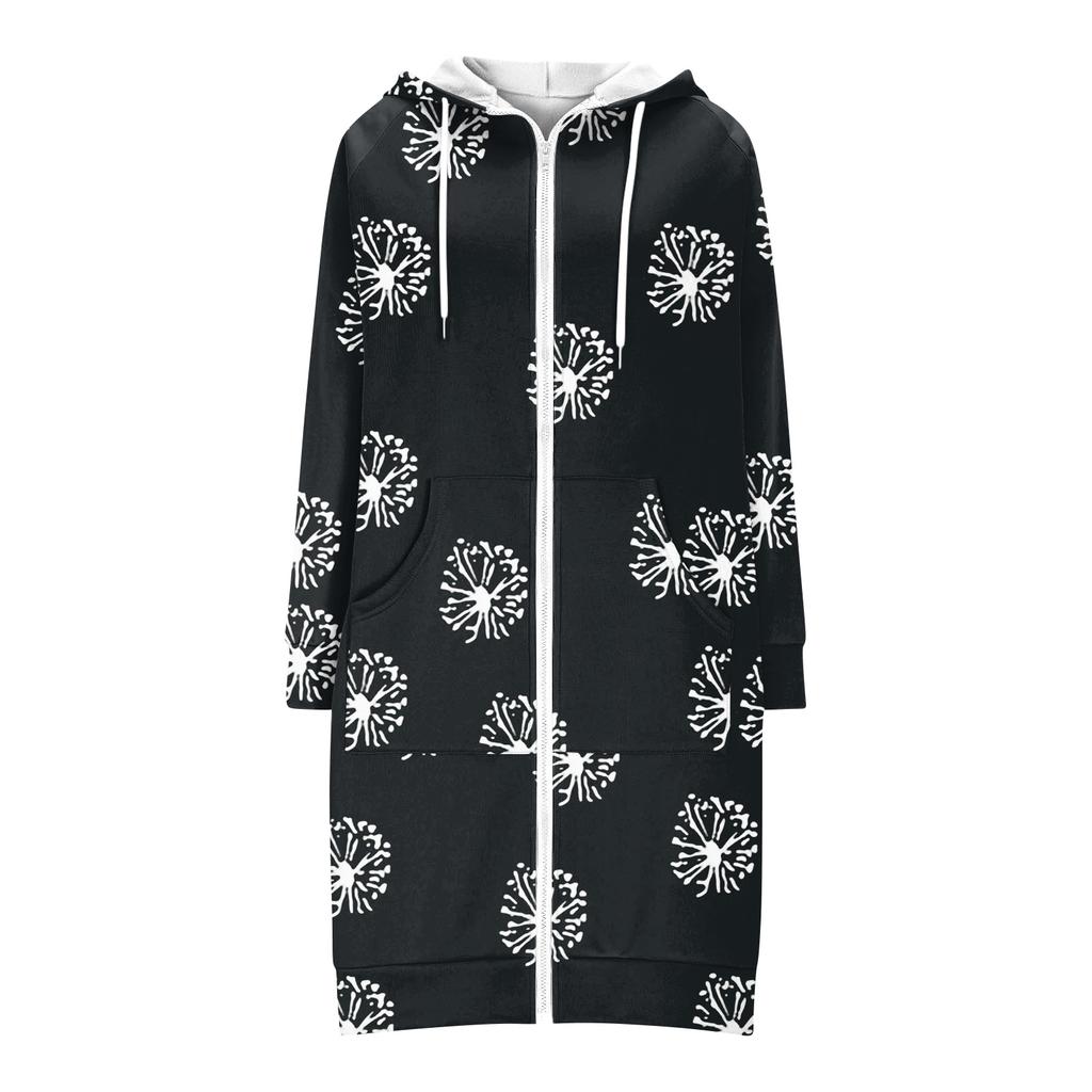 Women's Fashionable Printed  Long Sleeved Drawstring Hooded Zipper Pocket Long Casual Sweatshirt Jacket