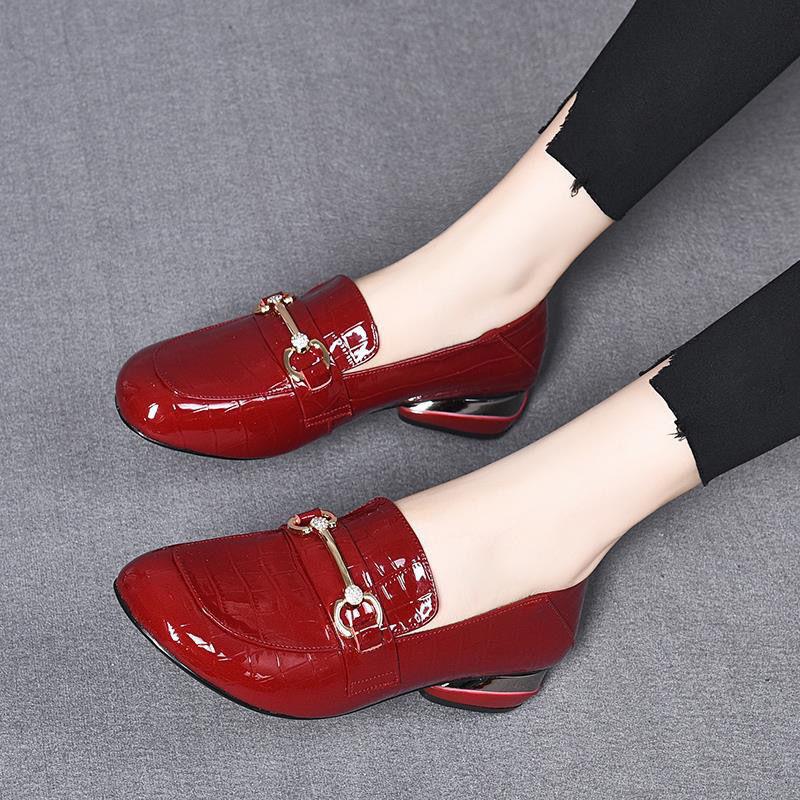 Large size women's shoes wide and fat feet - soft leather single shoes soft leather soft sole loafers thick heel low heel small leather shoes spring