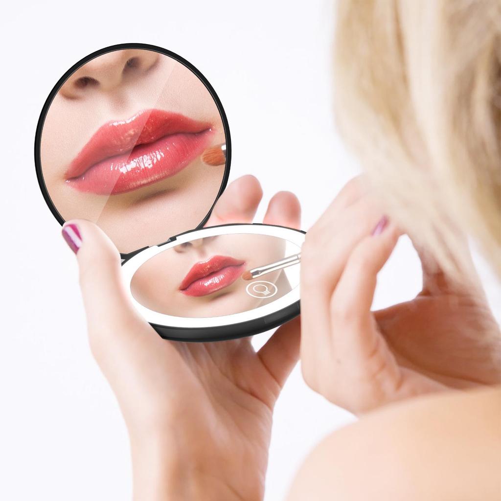 LED Lit Portable Double-Sided Makeup Mirror, 10x Magnification, Folding, with Living Room Fill Light