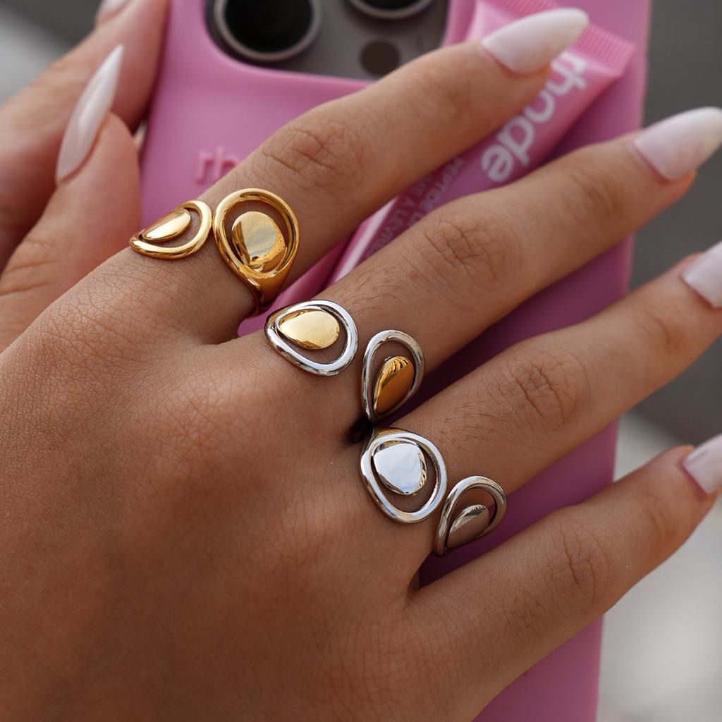 Simple Cutout Metal Smooth Stainless Steel Set Ring Women's  Water Drop Opening Adjustable Thick Ring Party Jewelry Gift