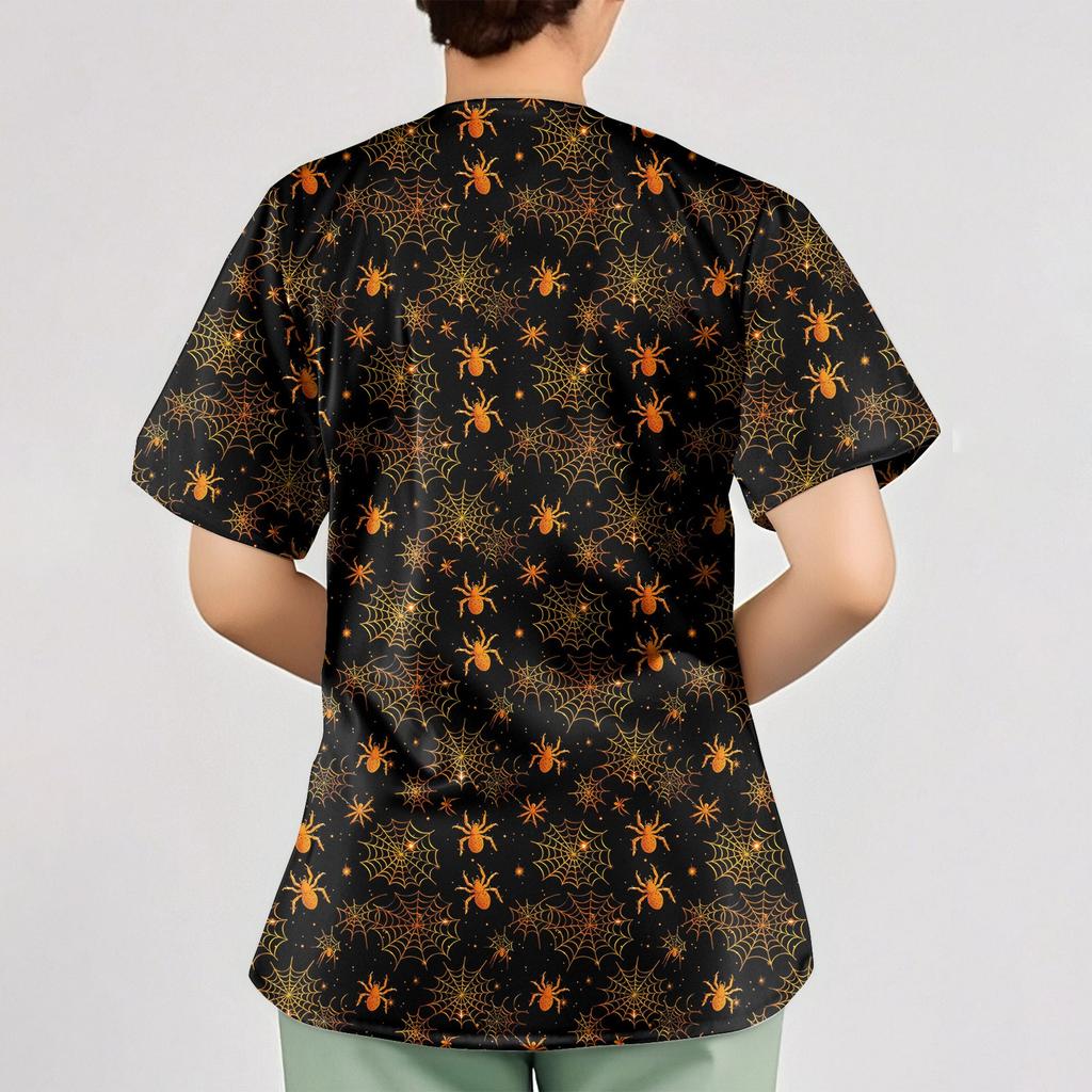 Women's Halloween Printed Loose V-Neck Pocket Short SleevUniform  Uniform