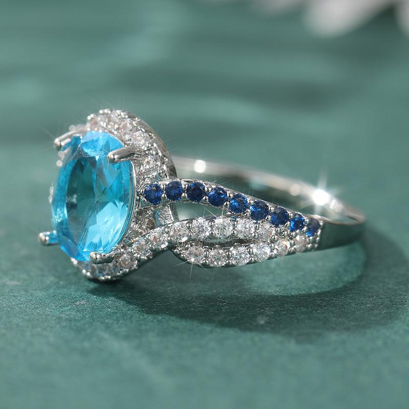 Luxury Sparkling Blue Synthetic Zirconia Wedding Silvery Plated Ring Women's Fashion Elegant Engagement Jewelry Accessories Gift