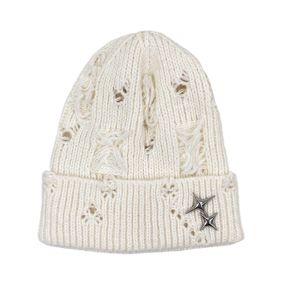 Autumn and Winter Warm Hat Women's Versatile Star Decoration Hole Knitted Hat Warm Ear Protector Wool Hat Men