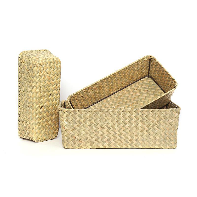 Natural Seagrass Woven Rectangular Storage Basket for Living Room, Tea Sets, Sundries, and Cosmetics