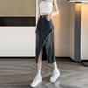 High Waist Irregular Slit Denim Skirt - Women's Black/Gray A-Line Hip Skirt with Raw Edges