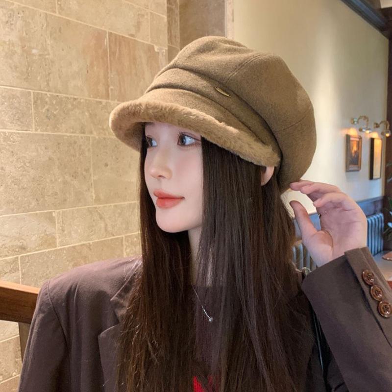 

Новый осенне-зимний утолщенный берет с плюшевой окантовкой и козырьком в британском стиле, теплая плюшевая шляпа, универсальная восьмиугольная шляпа для женщин One Size