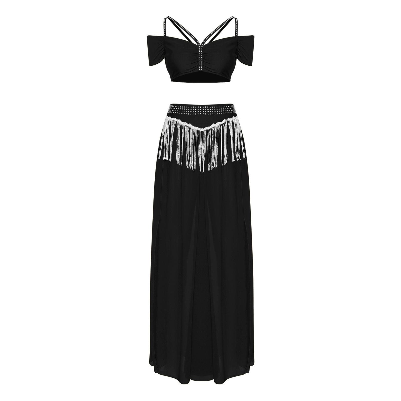 

Womens Chiffon Wide Leg Pants Sequins Tassel Slit Belly Dance Culottes Cold Shoulder Crop Top Rhinestone Waist Set S чорний