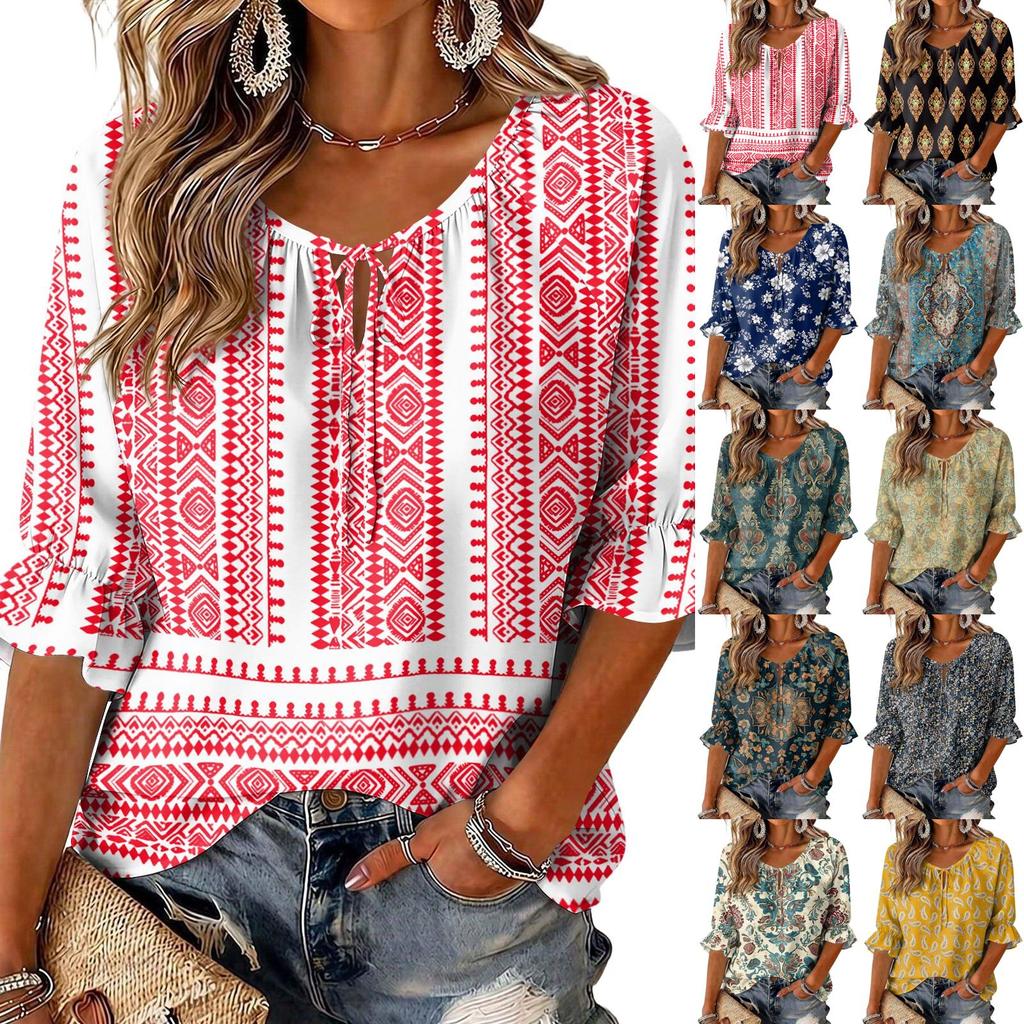 Women's Vintage Floral Print Blouse with Tie Neck and Ruffle Three-Quarter Sleeves