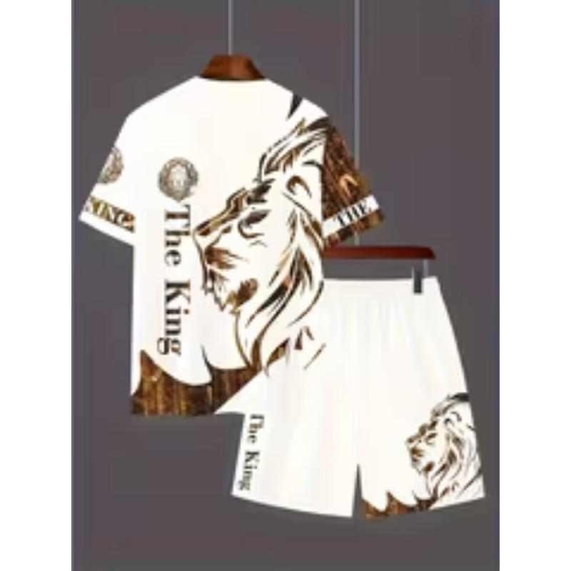 

Lion Pattern Men s Short Sleeves + Shorts, Casual Sports Suit, Men s Short Sleeves and Drawstring Shorts with Pockets, Breathable and Soft Summer Suit S