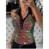 Night Club Style Sexy Europe and America Cross Border Summer New Arrival Leopard Print Color Sequin Lapel Sleeveless Vest Tops Bottoming Shirt