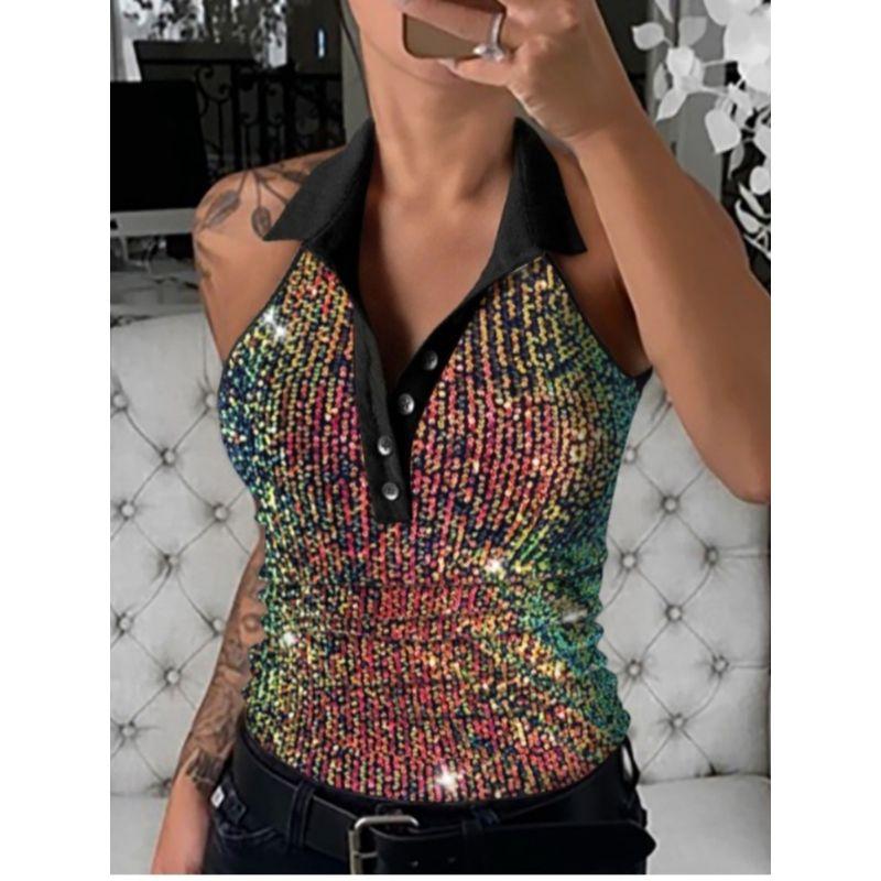 Night Club Style Sexy Europe and America Cross Border Summer New Arrival Leopard Print Color Sequin Lapel Sleeveless Vest Tops Bottoming Shirt