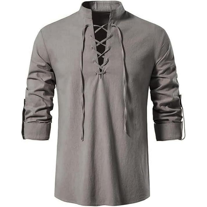 Mens Pirate Shirt Viking Retro Renaissance Medieval Gothic Victorian Halloween Costume Casual Cotton Linen Lace Up Hippie Shirts