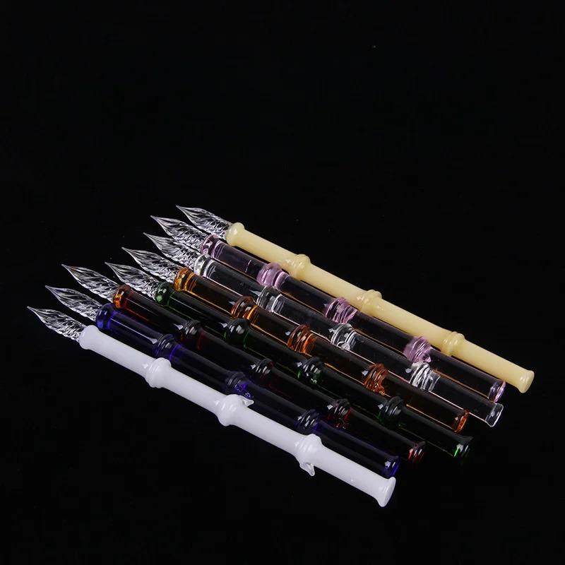 Bamboo Glass Dip Pen with Artistic Colored Ink Calligraphy Crystal Signature Pen for Drawing Writing Office School Supplies